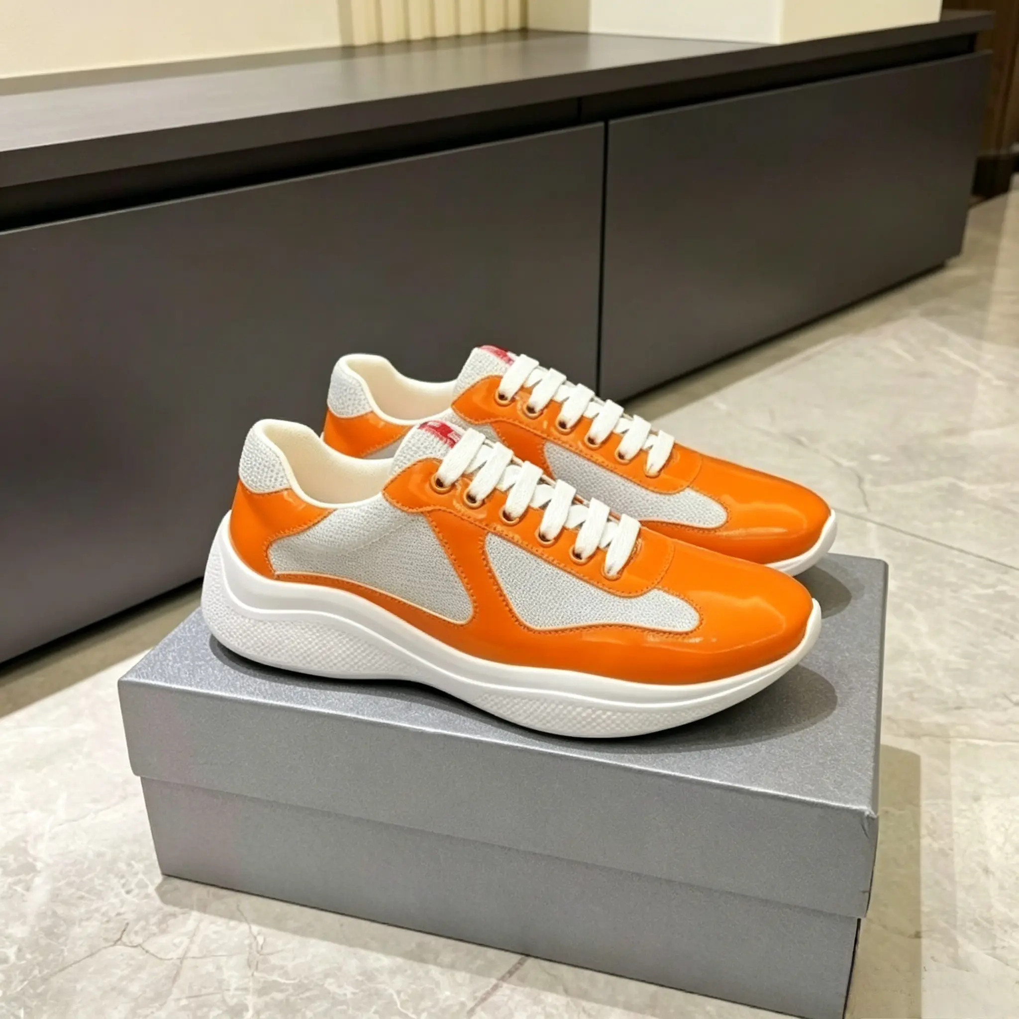 Men's Two Tone Bright Orange Gloss Patent Leather & Breathable Grey Mesh Lace Up Casual Sneakers, Lightweight Cushioned Shock Absorbing White Thick Sole Walking Trainers, Non Slip Street Athletic Shoes for Daily Commute Urban Travel