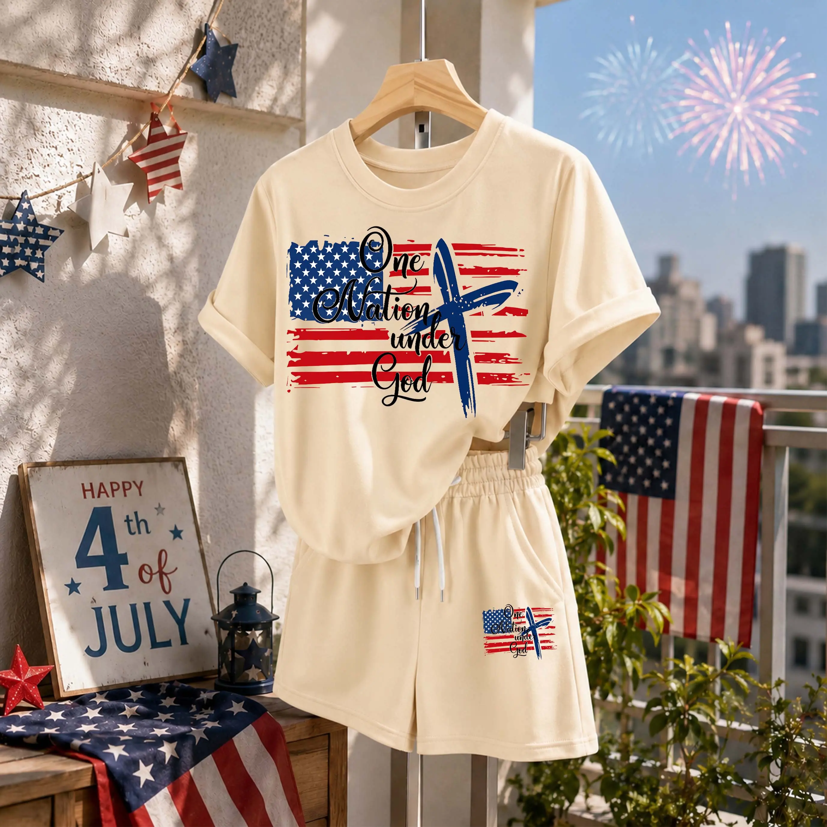 Women’s One Nation Under God American Flag Graphic Print Short Sleeve T-Shirt and Shorts Set, Casual Summer 2-Piece Outfit, Comfortable Crew Neck Top and Elastic Waist Shorts for Daily Wear, Vacation, Travel, Beach, Resort and Lounge Wear
