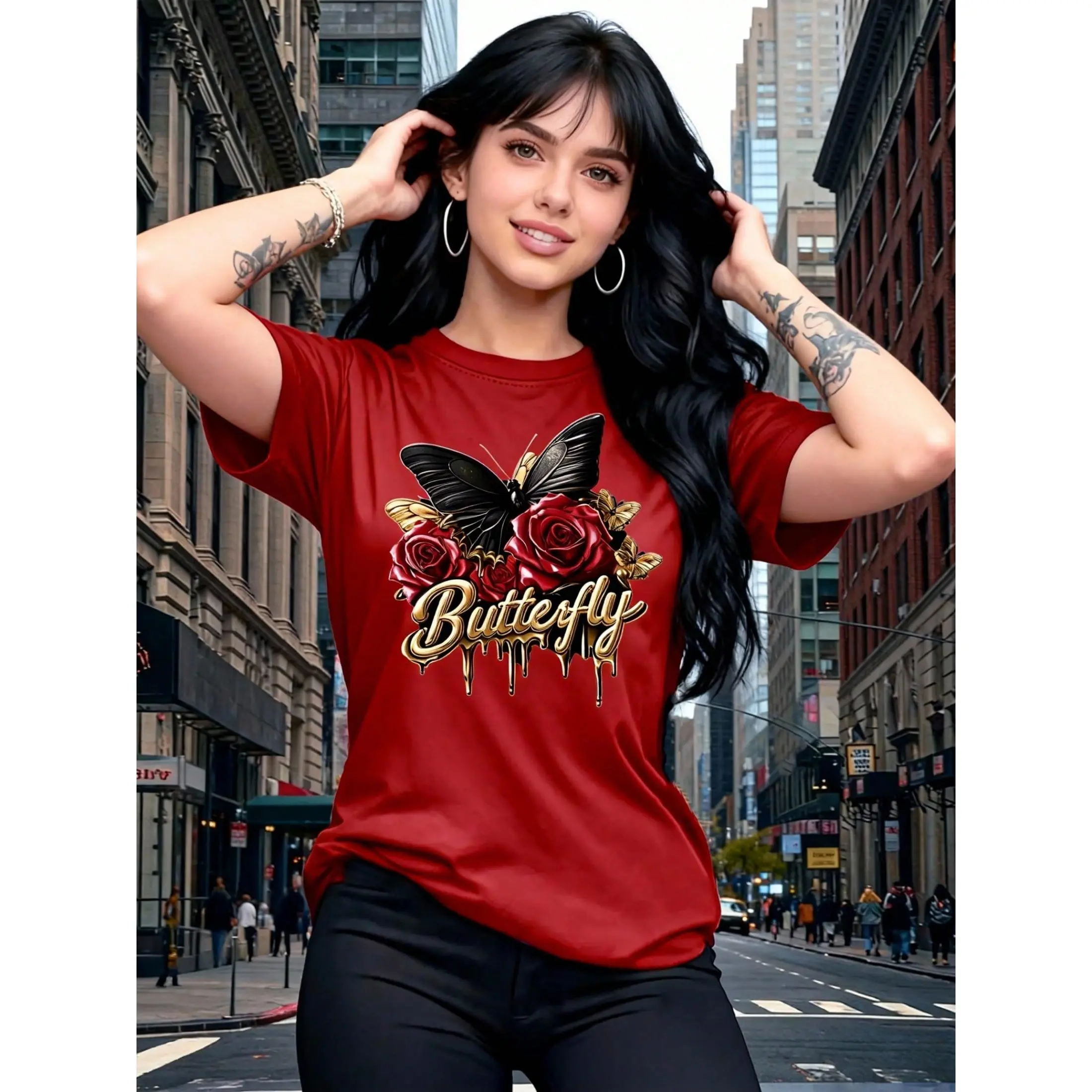 Elegant Purple Butterfly Gold Pattern Short Sleeve Round Neck Casual T-Shirt, Summer Spring Women's Wear, Suitable For Outdoor And Indoor Wear, Birthday Gift, Holiday Gift, Friend Gift, Sister Gift, Women's Clothing Gift
