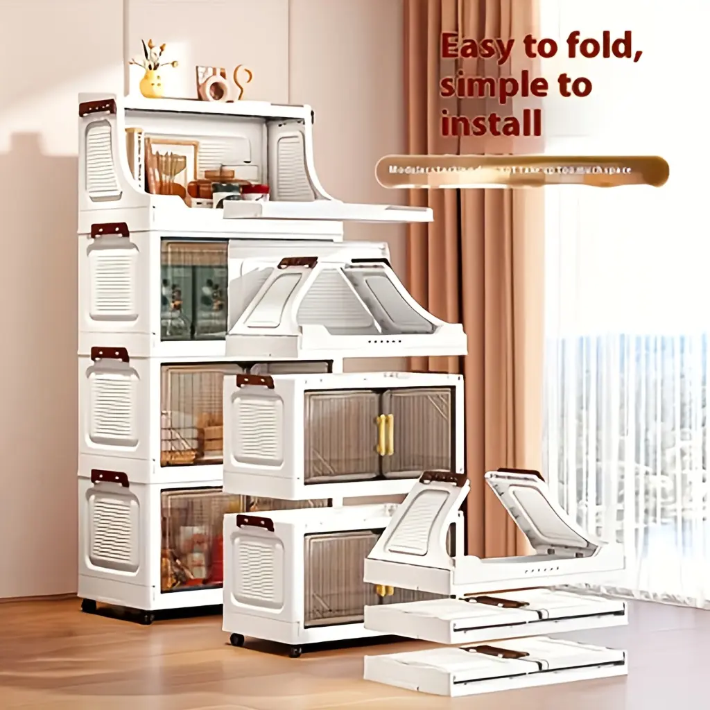 2/3/4/5-Tier Heavy-Duty Multi-Functional Folding Storage Cabinet - with Open Shelves, Large Capacity, Suitable for Living Room/Bedroom/Wardrobe/Cabinet/Kitchen/Office/Dormitory Organization and Storage - Ideal Gift Storage Cabinet, Modern Durable Double-D
