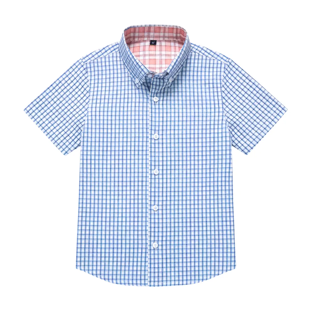 Men's short sleeved checkered button down shirt with contrasting checkered lining at the collar, made of lightweight fabric, this fitted checkered shirt is suitable for summer travel and work.