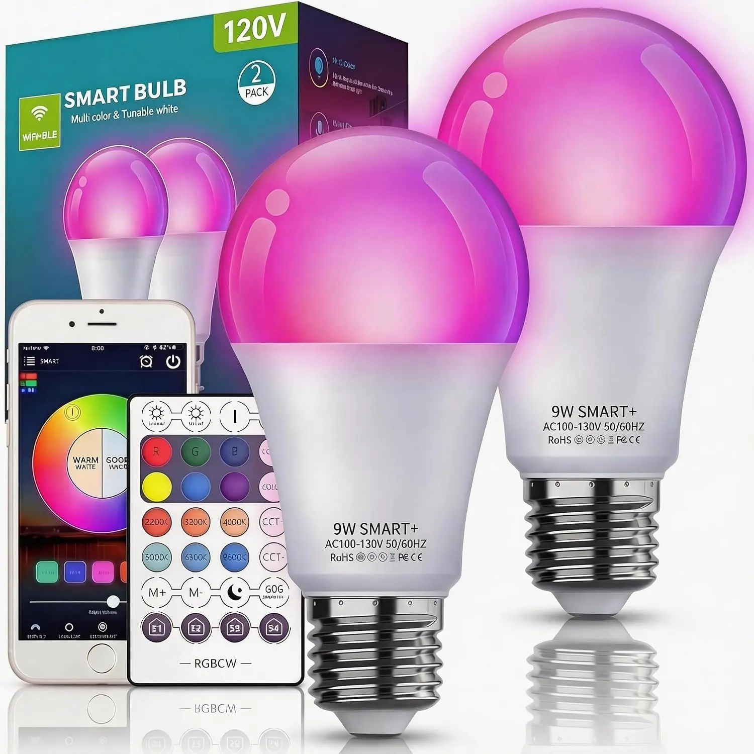 Smart Light Bulbs with Remote, Color Changing Dimmable Multicolor LED Bulb, Works with Alexa & Google Home, 9W A19 E27 800LM WiFi Light Bulb, 2.4GHz Only, App&Voice Control, 50+ DIY Scenes (2)