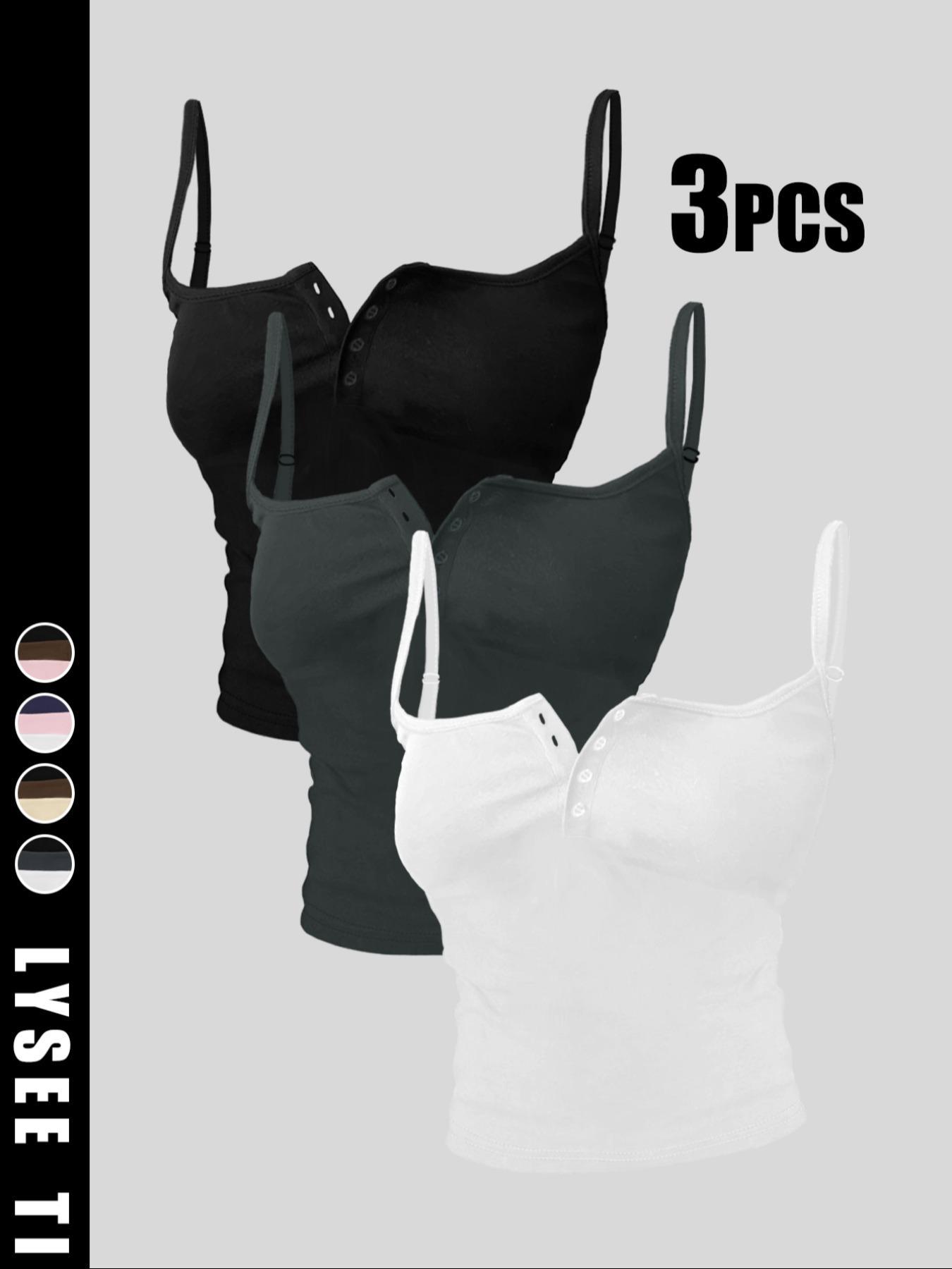 3pcs women's casual fashion sports multi button round neck solid color suspender top mixed three piece set
