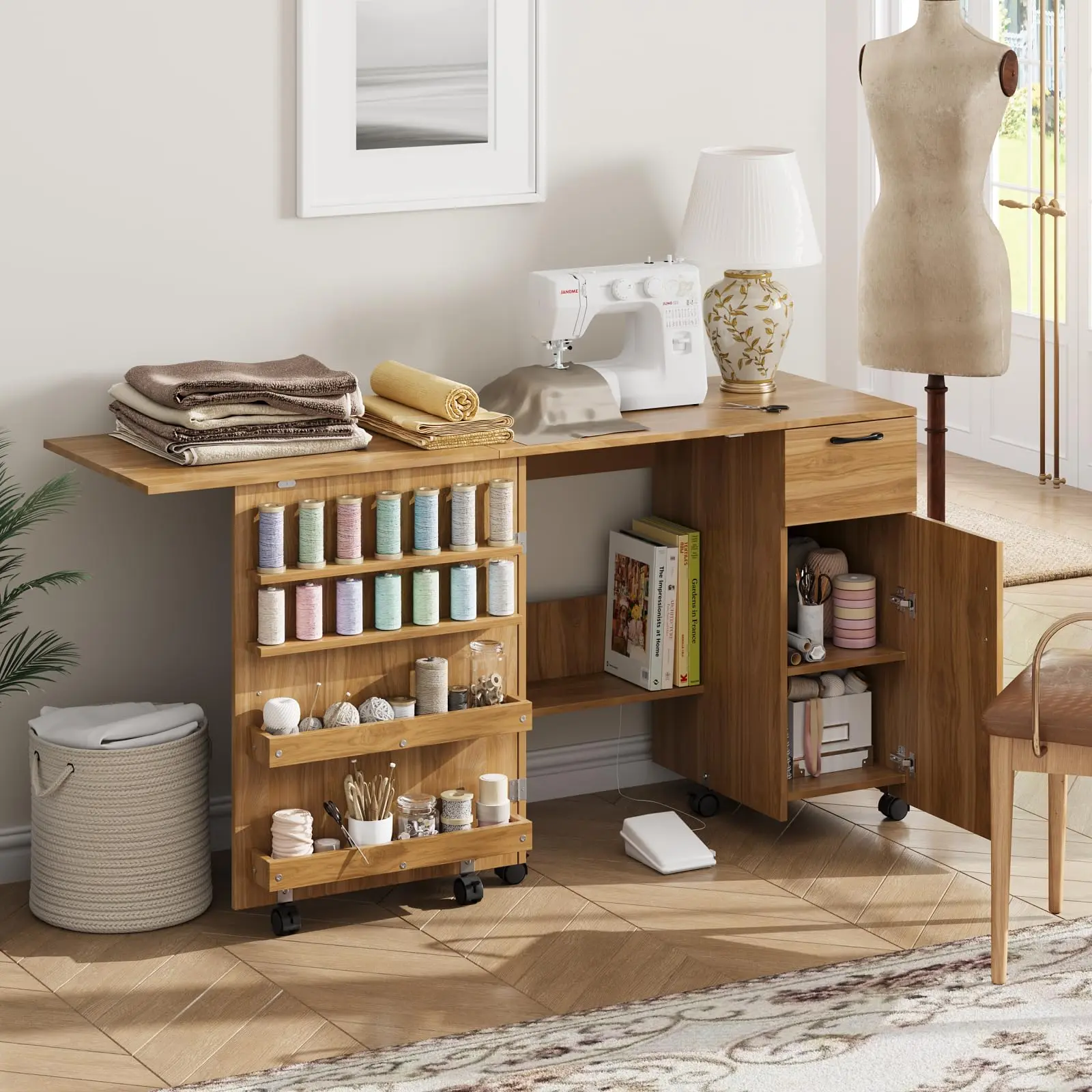 Collapsible Folding Hallway Storage Cabinet - Durable Multi-Functional Folding Sewing Machine Table with Adjustable Height, Sliding Drawer, Storage Shelves, Lockable Wheels, Assembly Required - Indoor Craft Desk for Home, Small Spaces, Collapsible Folding