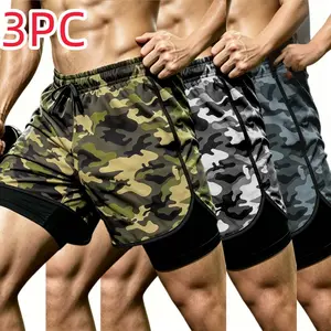 3PC Men's 2-in-1 Camouflage Sports Shorts, Lightweight and Breathable, with Built-in Compression Lining and Elastic Waistband. Suitable for Gym Training, Weightlifting, Running, and Daily Leisure Outdoor Activities