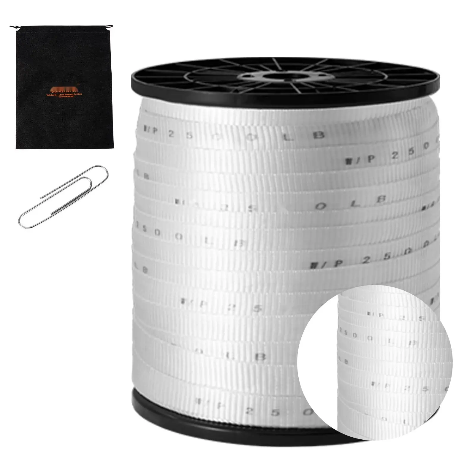 Polyester Pull Tape 3/4 Inch By 528 Feet Mule Tape Flat Rope, 2500 Lbf Tensile Capacity, Printed Webbing Cable Pulling Tape For Packaging, Gardening, Electrical Conduit Work, White