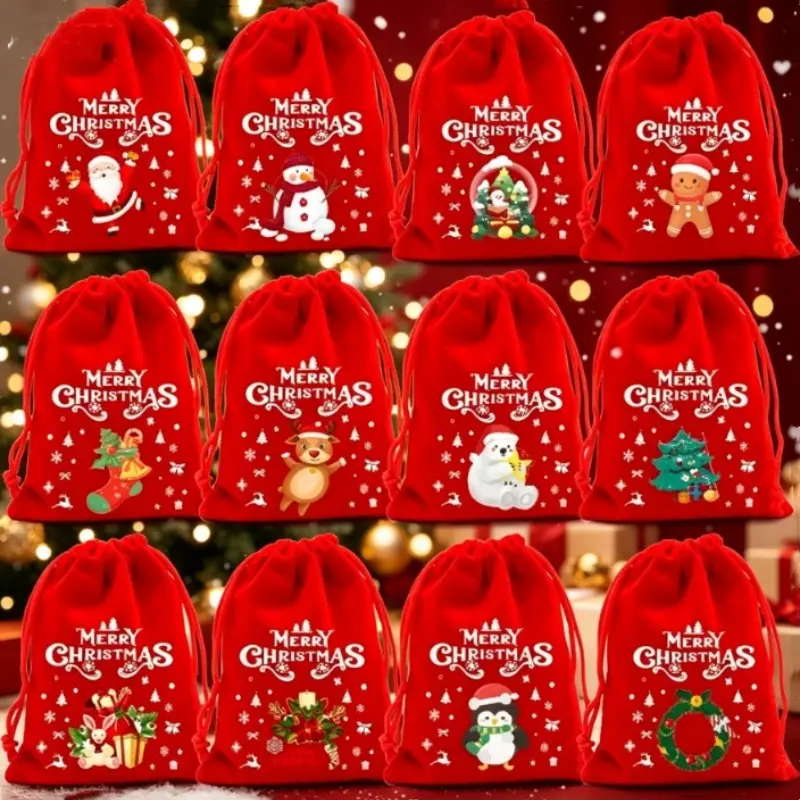 6/12 Christmas Gift Bags, Velvet Drawstring Pouches, Perfect for Holiday Party Gifts, Friends, Small Businesses, Kids, Colleagues