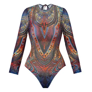 Long Sleeve Sheer Sun Protection One-Piece Set Swimsuit Women Sexy Rash Guard Swimwear Bodysuit Beachwear With Coverup