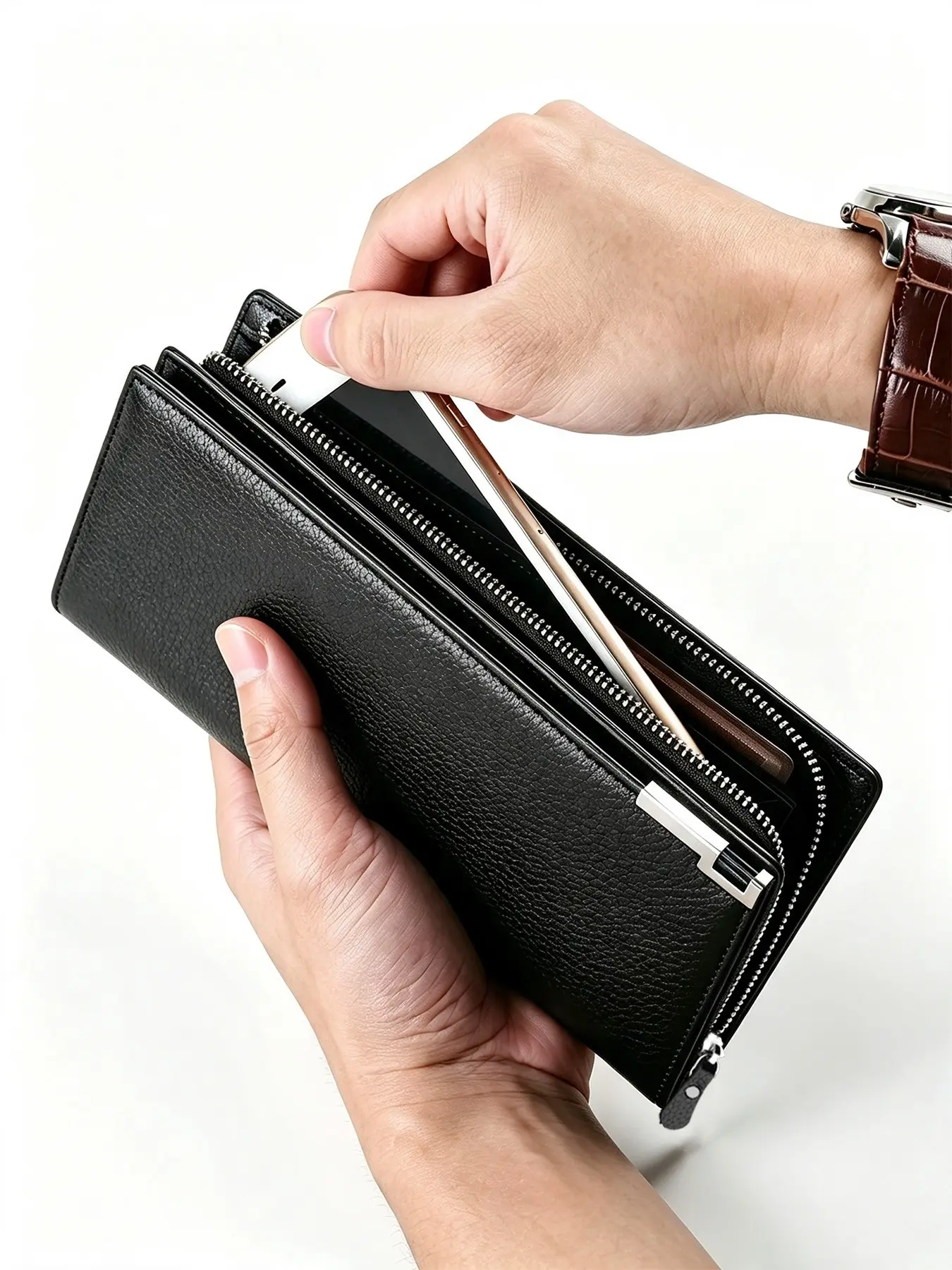 1 Pack Black Lychee Grain Leather Long Wallet for Men, Multi Card Slots Zipper Clutch Purse, Portable Phone Wallet with Detachable Wristlet, Business Daily Travel Hand Bag