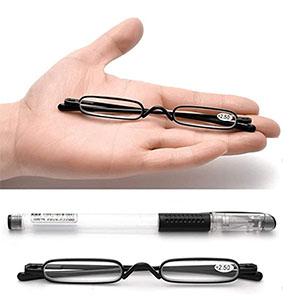 2 Pairs Mini Reading Glasses Compact Spring Hinged Slim Pocket Readers with Pen Clip for Easy Carry +1.5, 2 Pack(black/Grey)