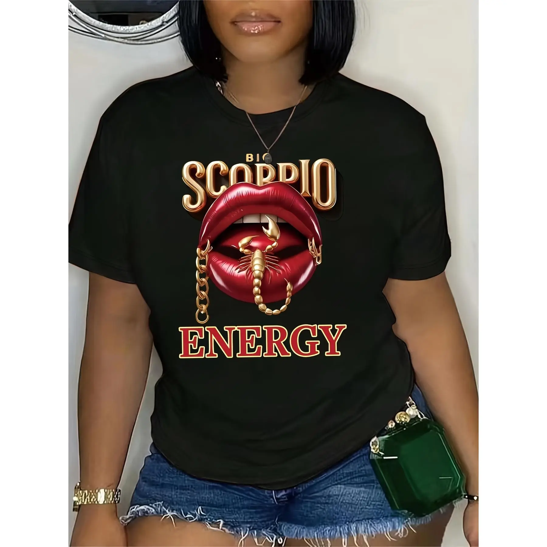 Scorpio And Lips Print T-Shirt, Casual Crew Neck Short Sleeve Top for Spring & Summer, Women's Clothing