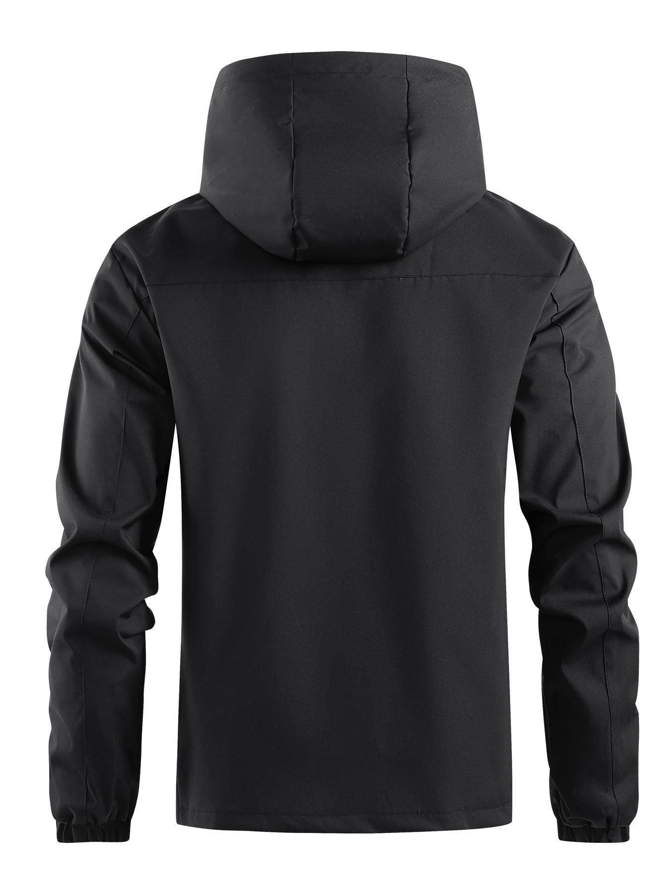 Men's Solid Pocket Drawstring Zip Up Hooded Waterproof Jacket, Regular Fit Casual Long Sleeve Windproof Jacket for Fall & Winter, Men's Clothing Jackets, Men's Outerwear for Outdoor Activities Technical Jacket, Jackets for Men Coats