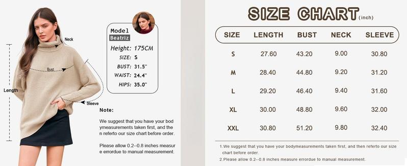 PiePieBuy Womens Turtleneck Oversized Sweater Batwing Chunky Pullover Sweater Casual Fall Loose Knit Jumper Top