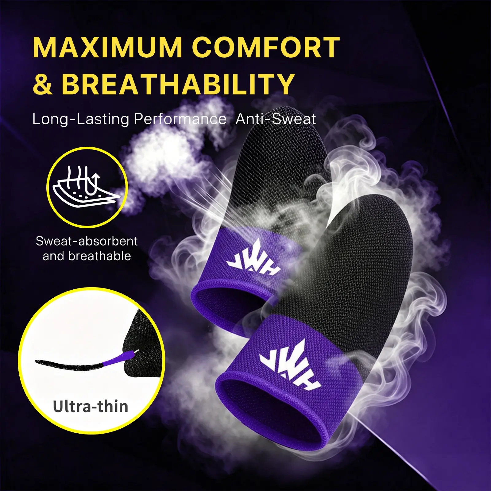 6/10Pcs Extended Gaming Finger Sleeves – Purple Black, 5.5cm Long, 0.45mm Ultra-Thin & 360° Airflow, No Drag/Sweat/Prints, High-Density Weave, 1000+ Abrasion Tested – For Long-Finger Mobile Gamers
