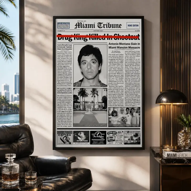 Tony Montana Scarface Newspaper Poster Print - 12x18 in Wood Frame Waterproof Canvas Artwork, Wipe-Clean Collectibles for Living Room, Bathroom, Wardrobe Box Home Decor Gift, Kid Room