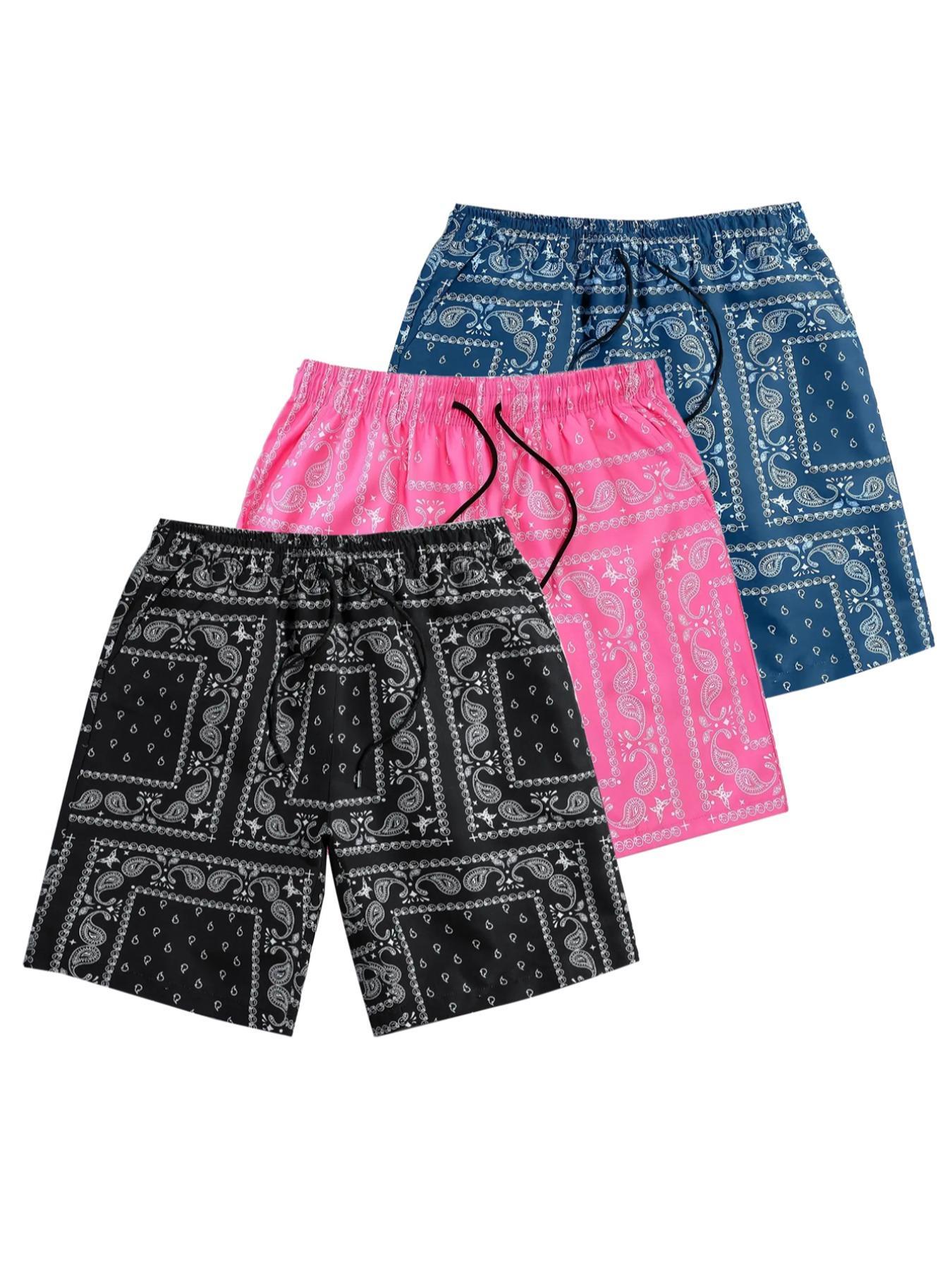 3 PCS Men's Ethnic Paisley Print Drawstring Shorts Summer Beach Swim Trunks Lightweight Graphic Casual Shorts Comfy Vacation Apparel Ideal for Back to School Outdoor Travel Trendy cargo shorts men's shorts summer workout