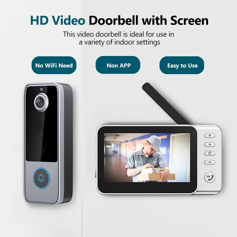 Wireless Video Doorbell with 4.5” Monitor, 170° Wide-Angle Camera, Two-Way Audio Intercom, No WiFi, App or Subscription Required, Easy-to-Use Outdoor Door Entry System