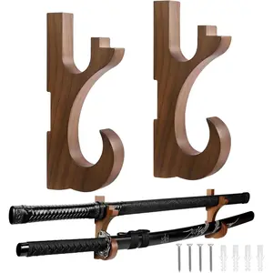 2-Tier Walnut Wood Sword Wall Mount Holder Adjustable Katana Hangers Display Rack for Samurai Wakizashi Cosplay Sword Weapon, Brown