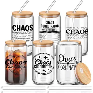 6 count Employee Appreciation Gifts Chaos Coordinator Gifts Bulk Thank You  for Coworker 16 oz Can Shape Drinking Glass Cup with Lid and Straw for Mom Nurse Teacher