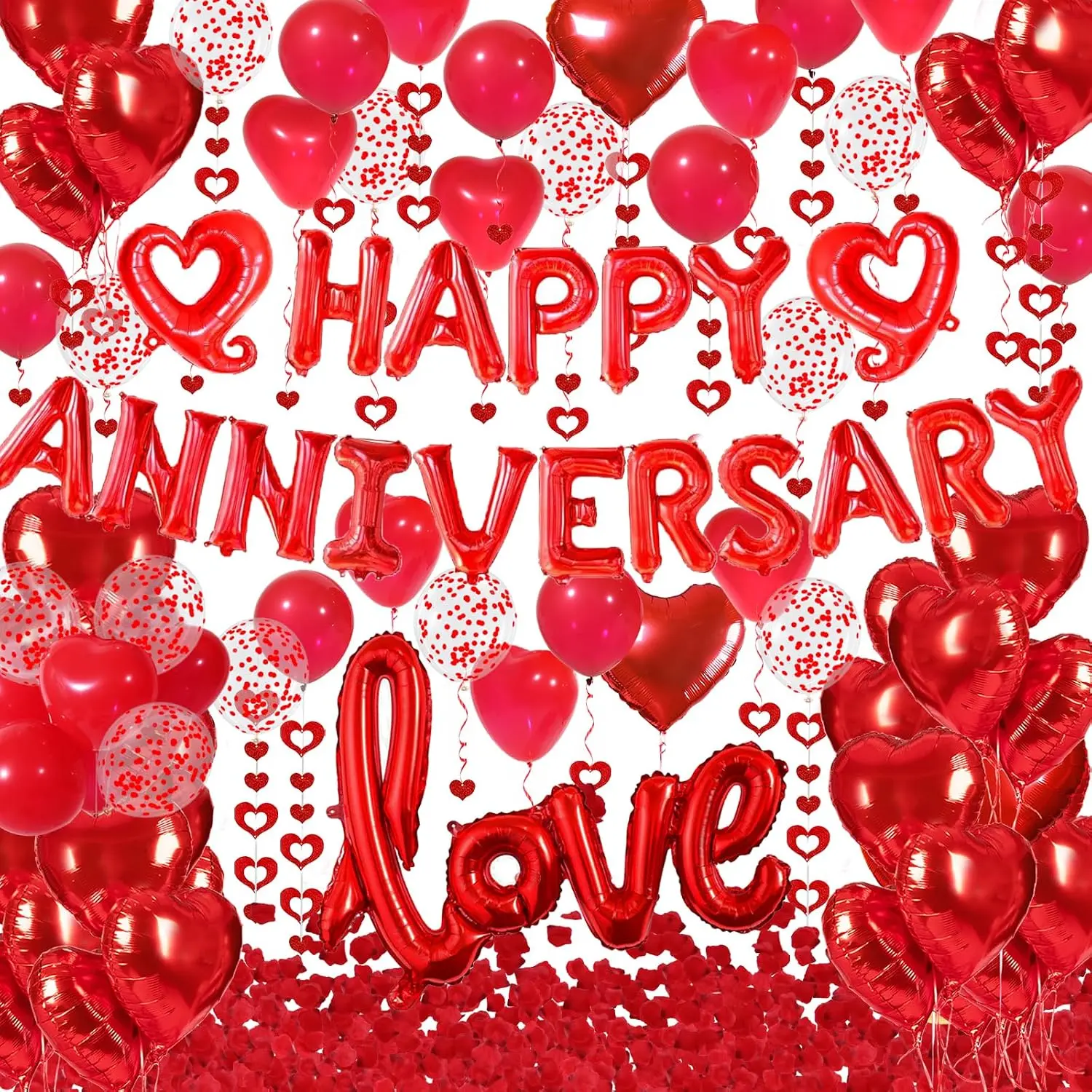Happy Anniversary Decorations with Red Happy Anniversary Banner, Heart Balloons, Love Balloon, Silk Rose Petals and Heart  Decor for Valentines Day, Wedding, Bridal Shower Decorations