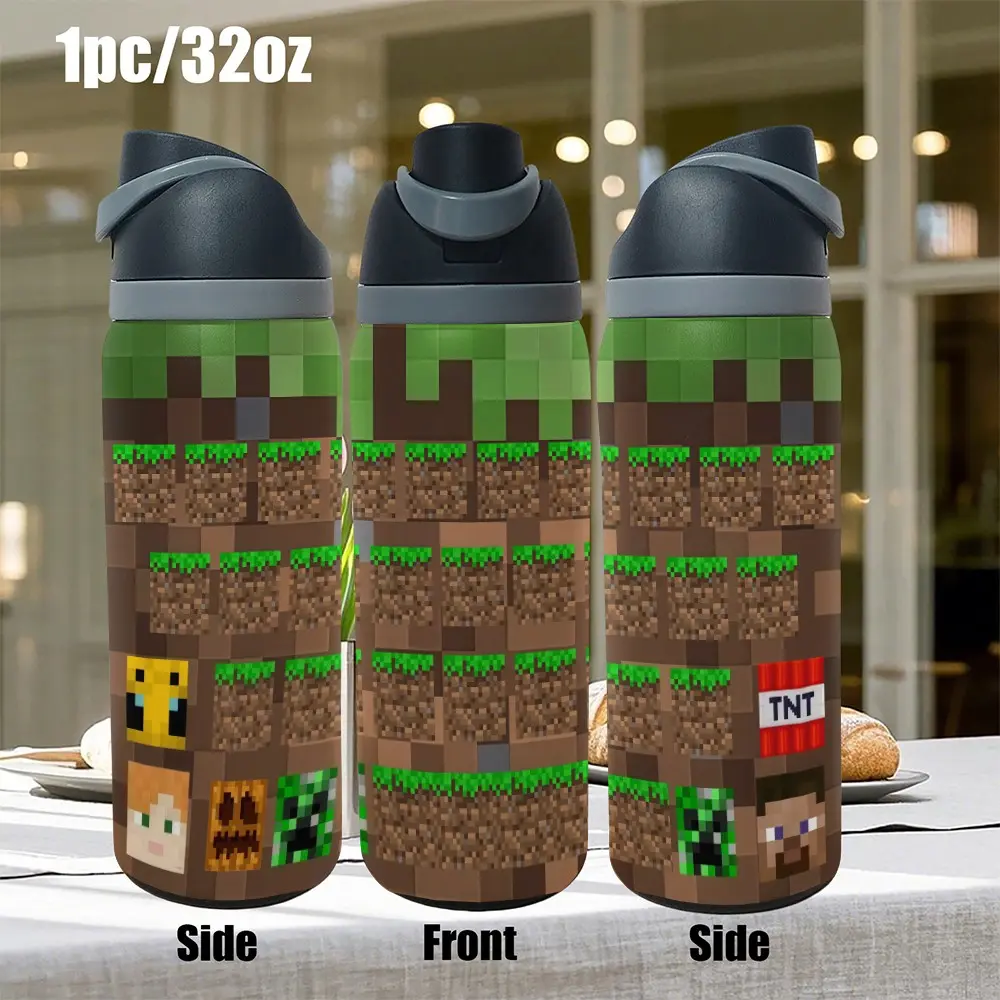 1pc 32oz Stainless Steel Insulated Water Bottle, Minecraft Pattern Design, Stainless Steel Travel Mug, Coffee Cup, Perfect for Fitness, Camping, and Home Use, Keeps Drinks Hot or Cold, Ideal Holiday Gift for Loved Ones, and Friends