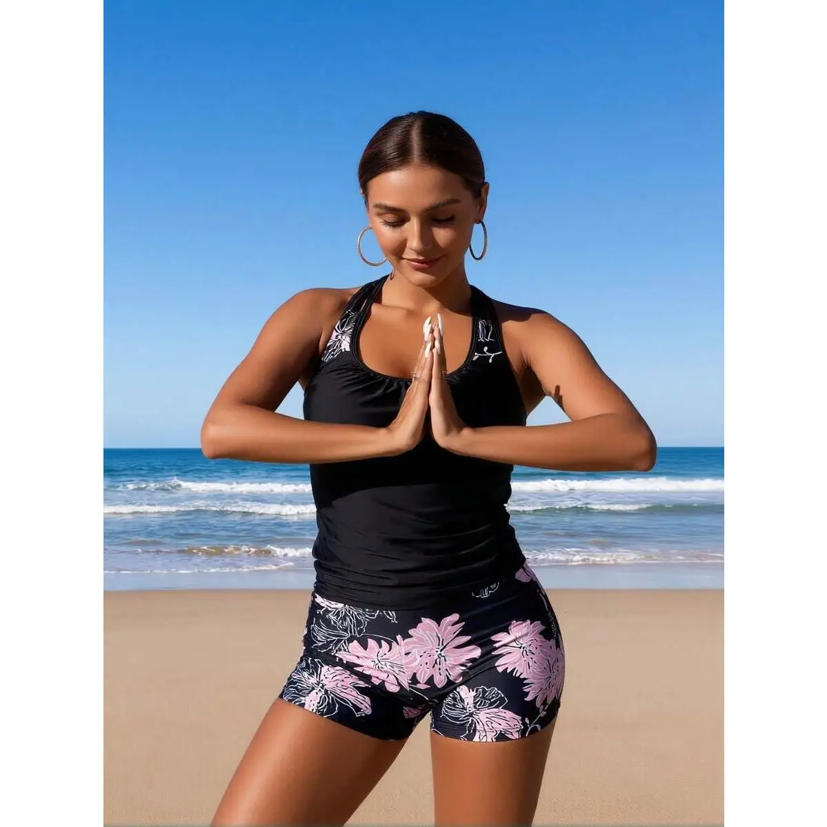 Women's Boho Floral Tankini Swimsuits Tummy Control, 2-Piece Blouson Racerback Top with High-Waisted Shorts, Modest Beachwear Set