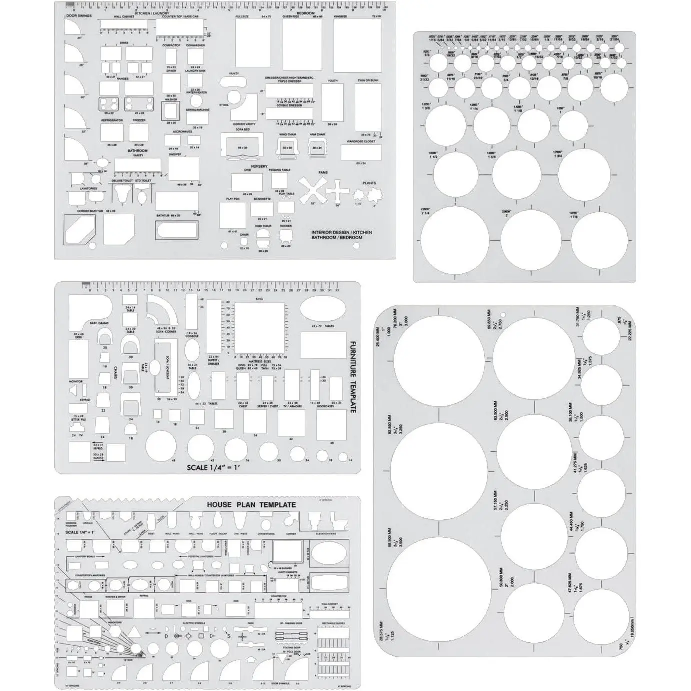 5 Pcs Architectural Templates Circle House Plan Interior Design & Furniture Templates Drafting Tools & Ruler Shapes for Architecture