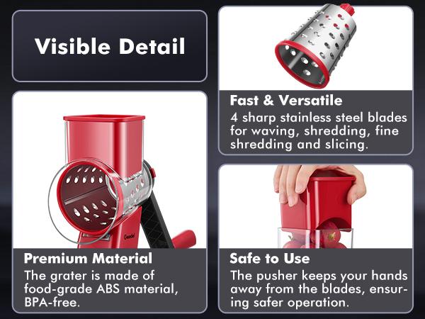 Geedel Rotary Cheese Grater 4-in-1 Shredder with Handle Durable Kitchen Tool Red Color Utensils for Effortless Cheese Preparation Vegetable Slicer Detachable Stainless Steel Blades Rack