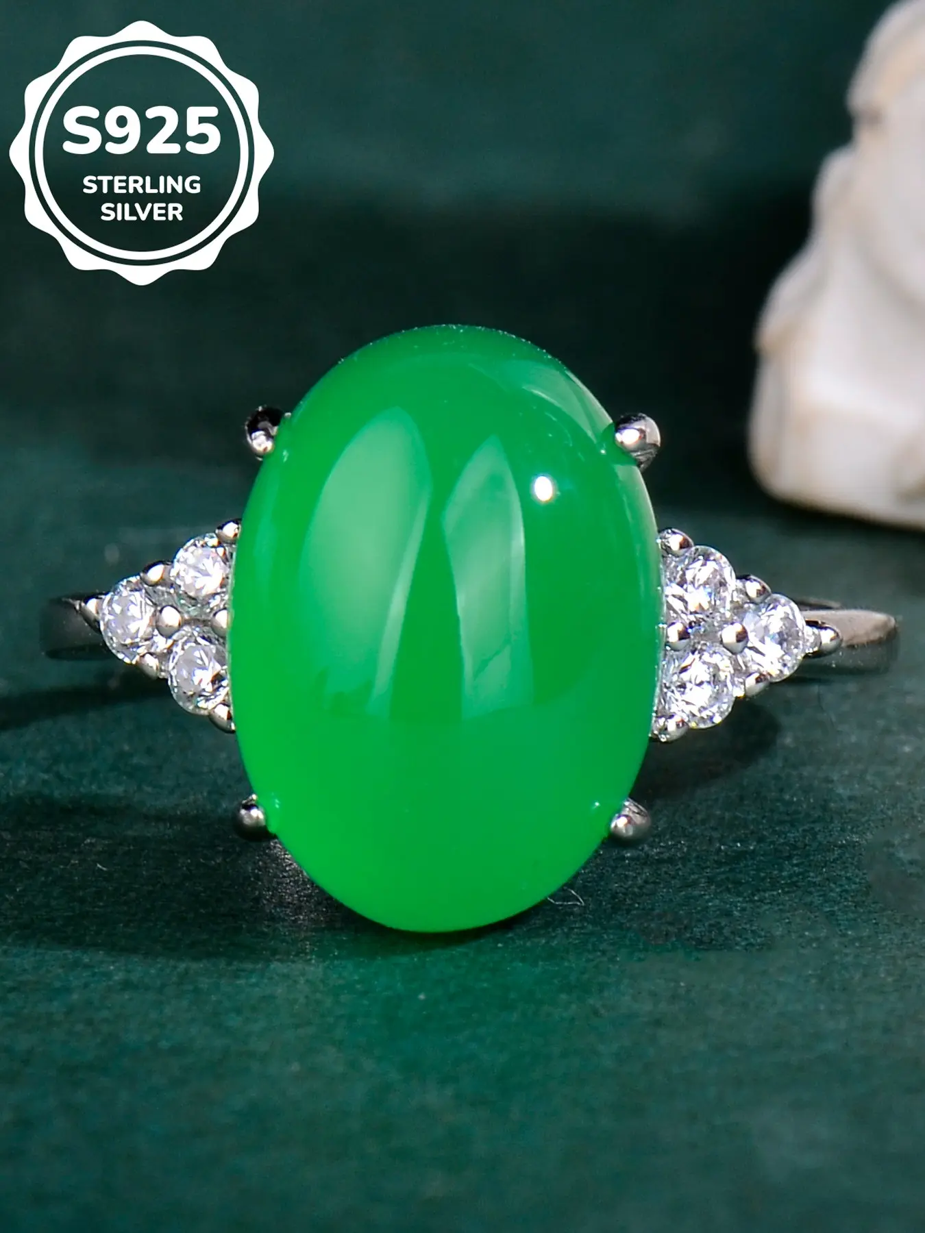 Vintage Royal Green Chalcedony Statement Ring | Premium S925 Sterling Silver Jewelry