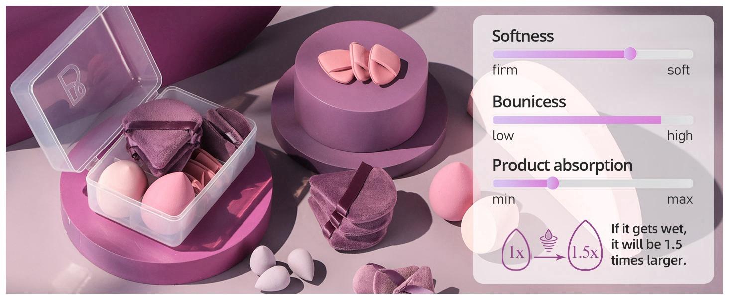 Makeup Sponge Set Triangle Puff 14 Pcs for Liquid, Cream, and Powder, Multi-colored Makeup Sponges and Mini Sponge with Case (A-Purple)