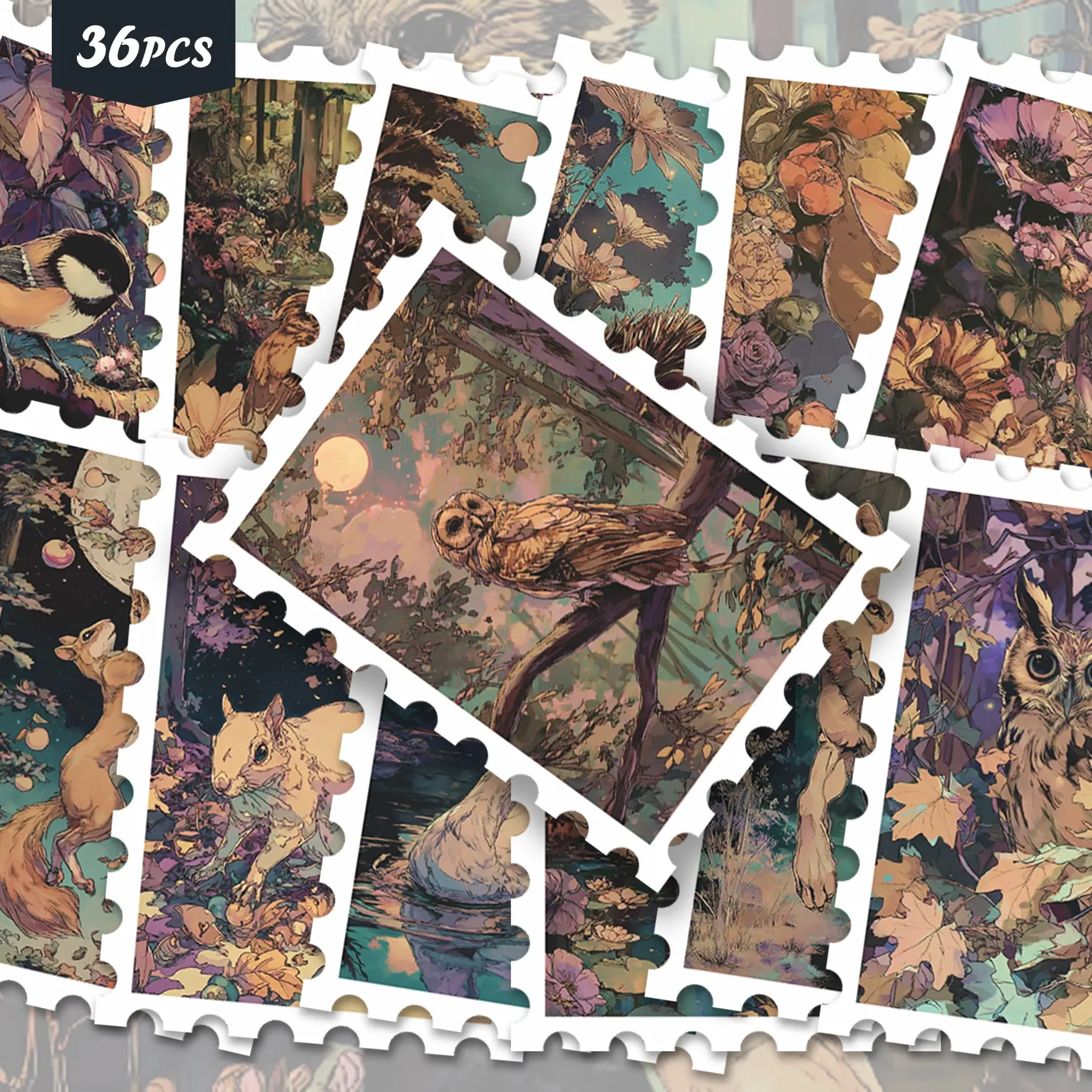 36pcs Retro Illustration Forest Wildlife Landscape Stickers Pack | Teal Pastel Fox Deer Hedgehog Sparrow Butterfly Mountain Sunset Floral Woodland Nature Art Vinyl Stickers | for Scrapbook, Water Bottle, Tablet Decor