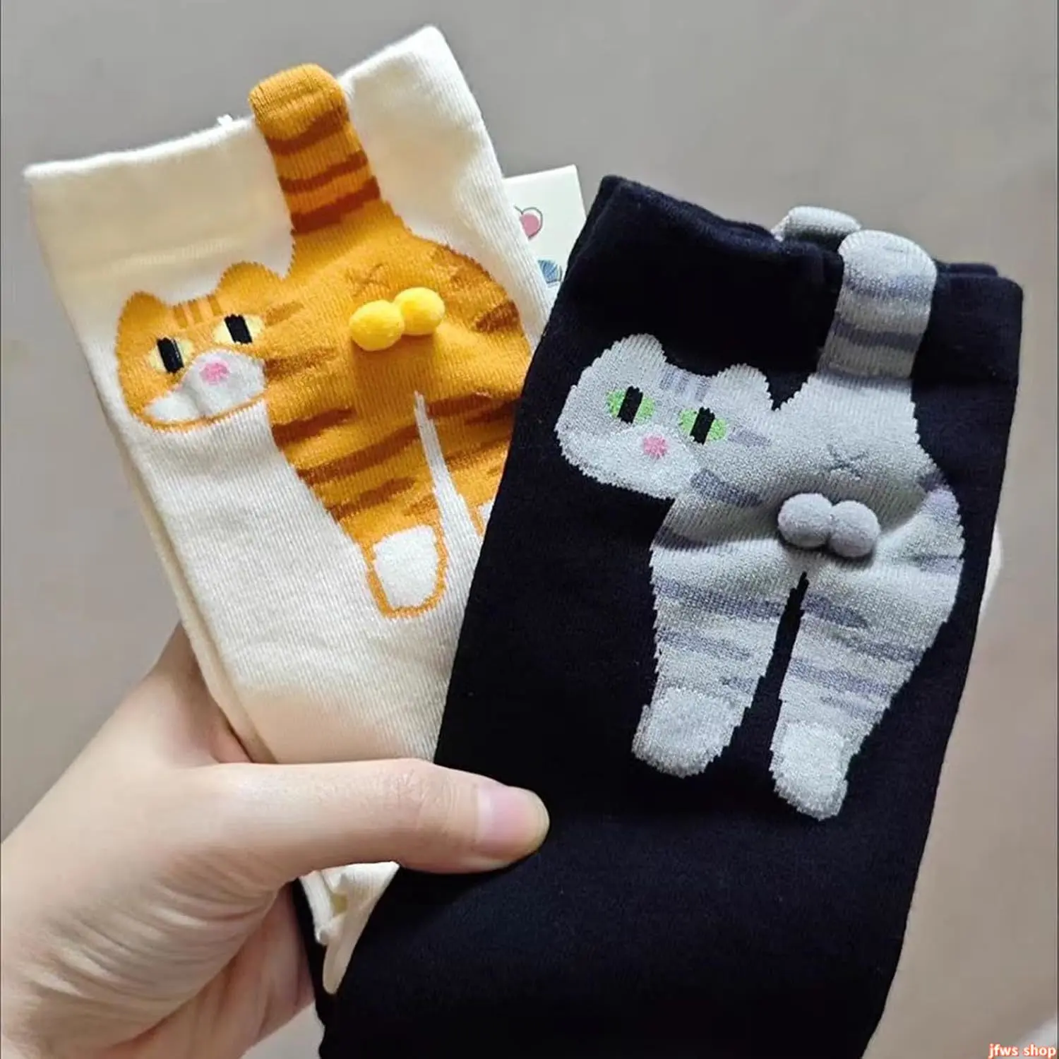 2 Pack Cute Cat Socks with Fuzzy Pom Balls, Funny Animal Novelty Crew Socks – Y2K Kawaii Aesthetic Cotton Socks for Women, Cozy Cute Gift, TikTok Viral Cat Lover Socks sohochic
