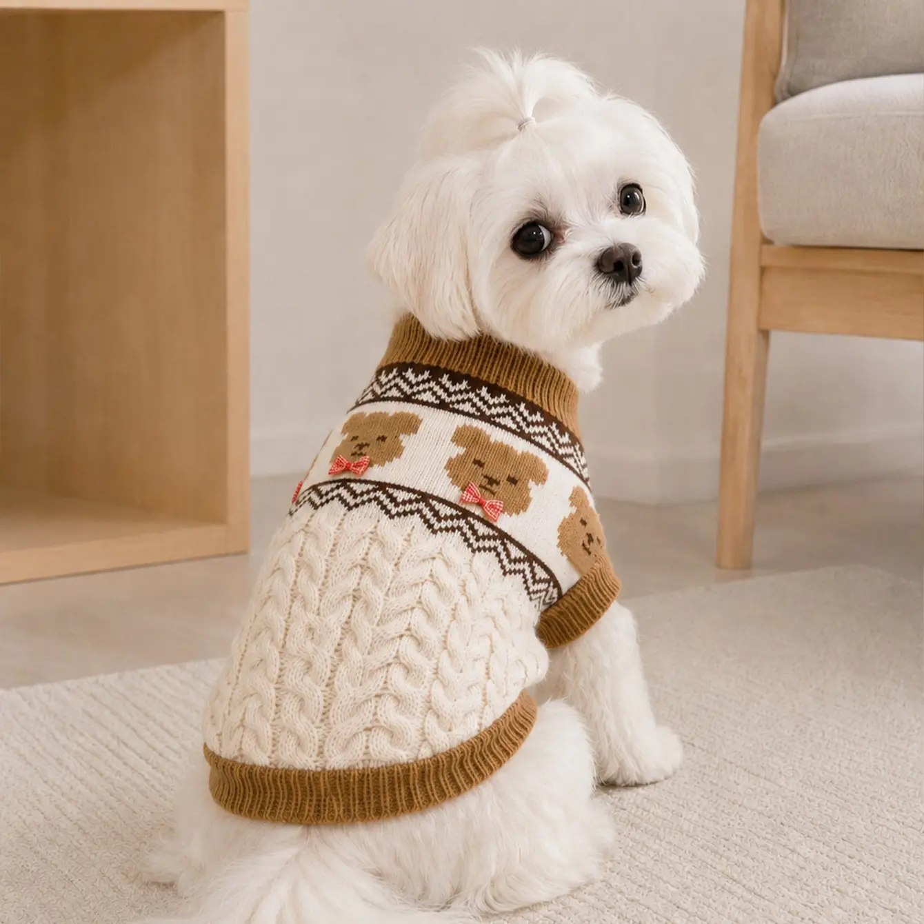 1PC Cute Bear Jacquard Knit Dog Sweater, Soft High Elastic Warm Turtleneck Pet Clothes, Vintage Cable Knit Puppy Outfit for Small Medium Dogs Maltese Yorkie Chihuahua Bichon Pomeranian