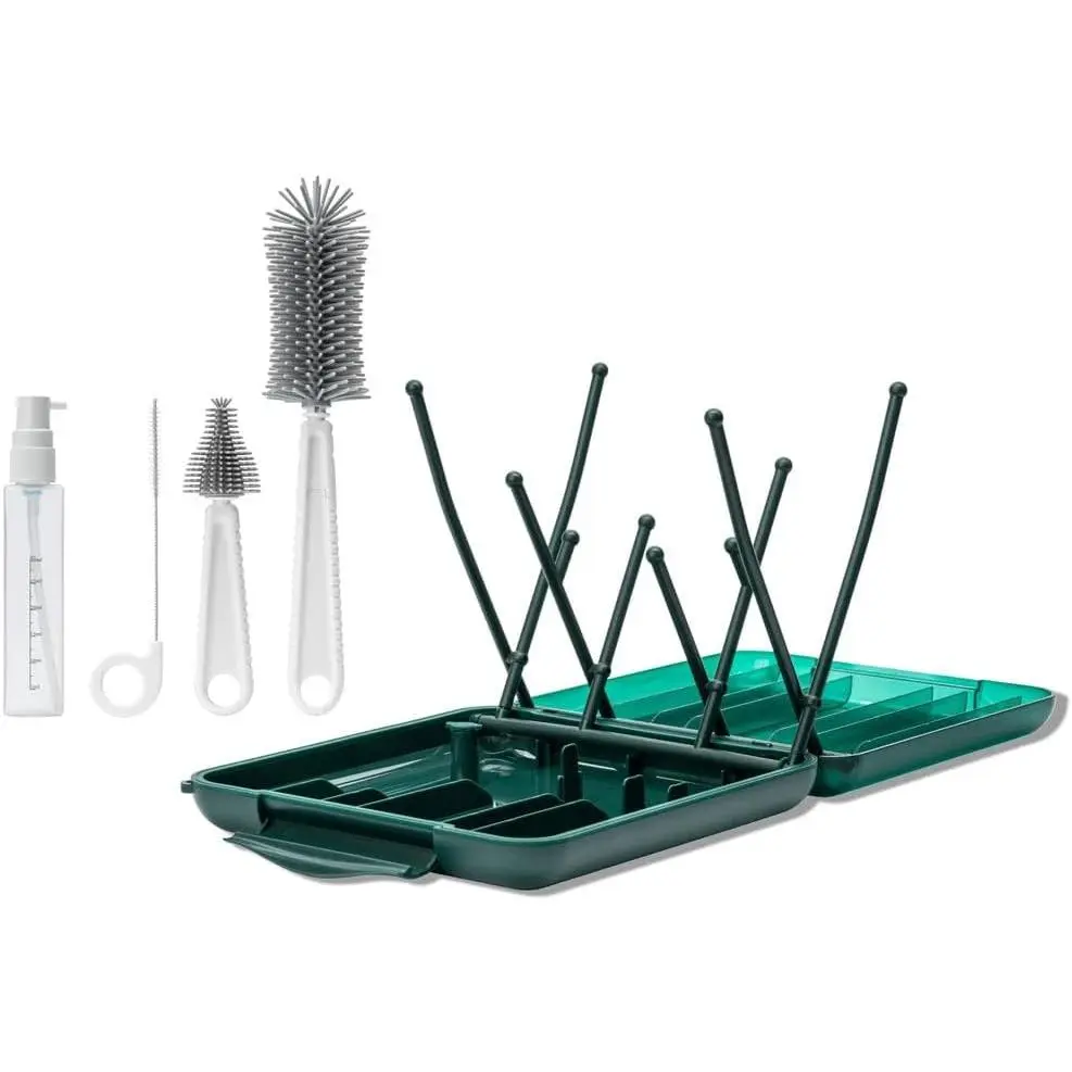 Travel Cleaning Kit & Drying Rack - 5-Pack Cleaning Rack and Brushes for Breast Pump Parts and Bottles - Essential Breastfeeding Accessory