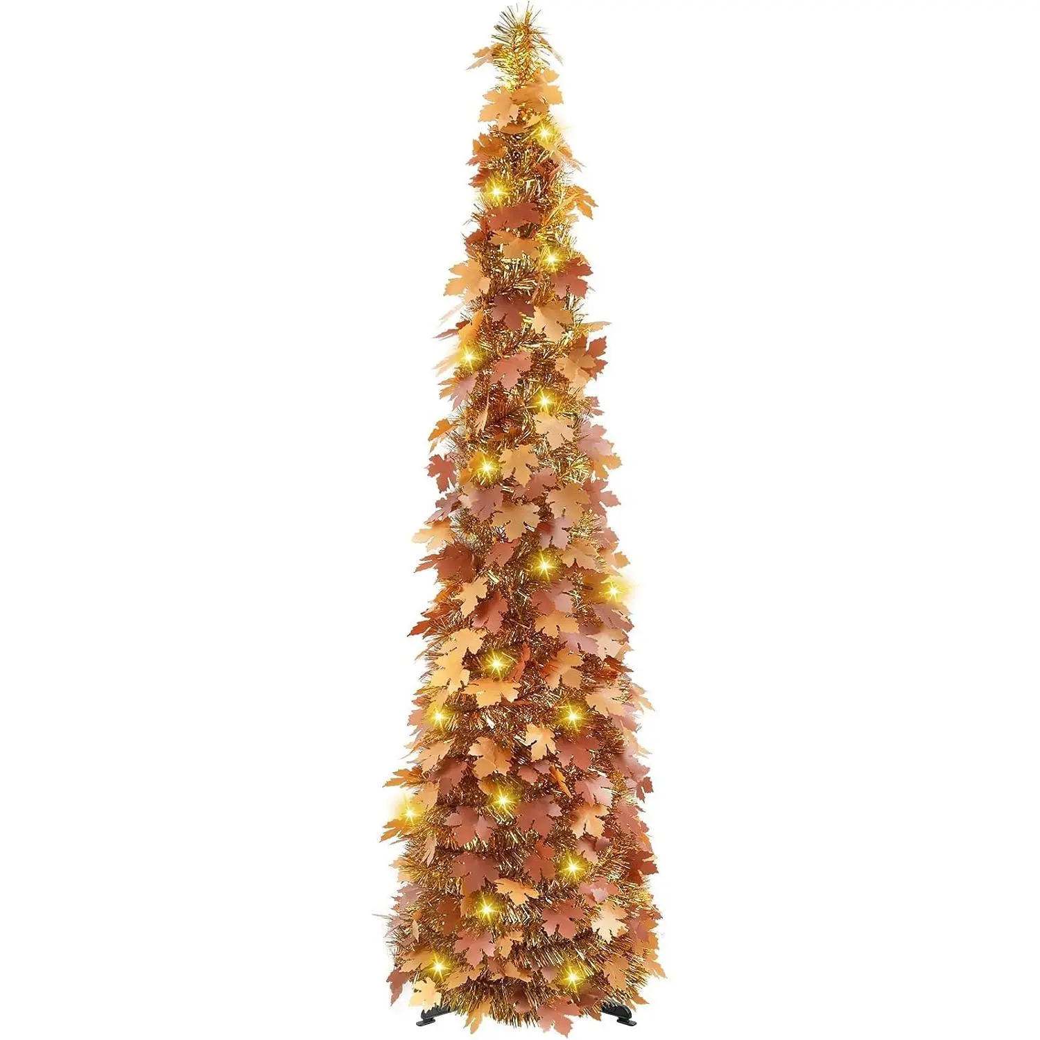 5FT Fall Pop Up Tree with 100 LED Lights, Brown Maple Leaf Tinsel Tree | Easy-Assembly,  , 8 Light Modes, 6H Timer, Foldable, Idea for Porch, Apartment, Corner, Thanksgiving Decor