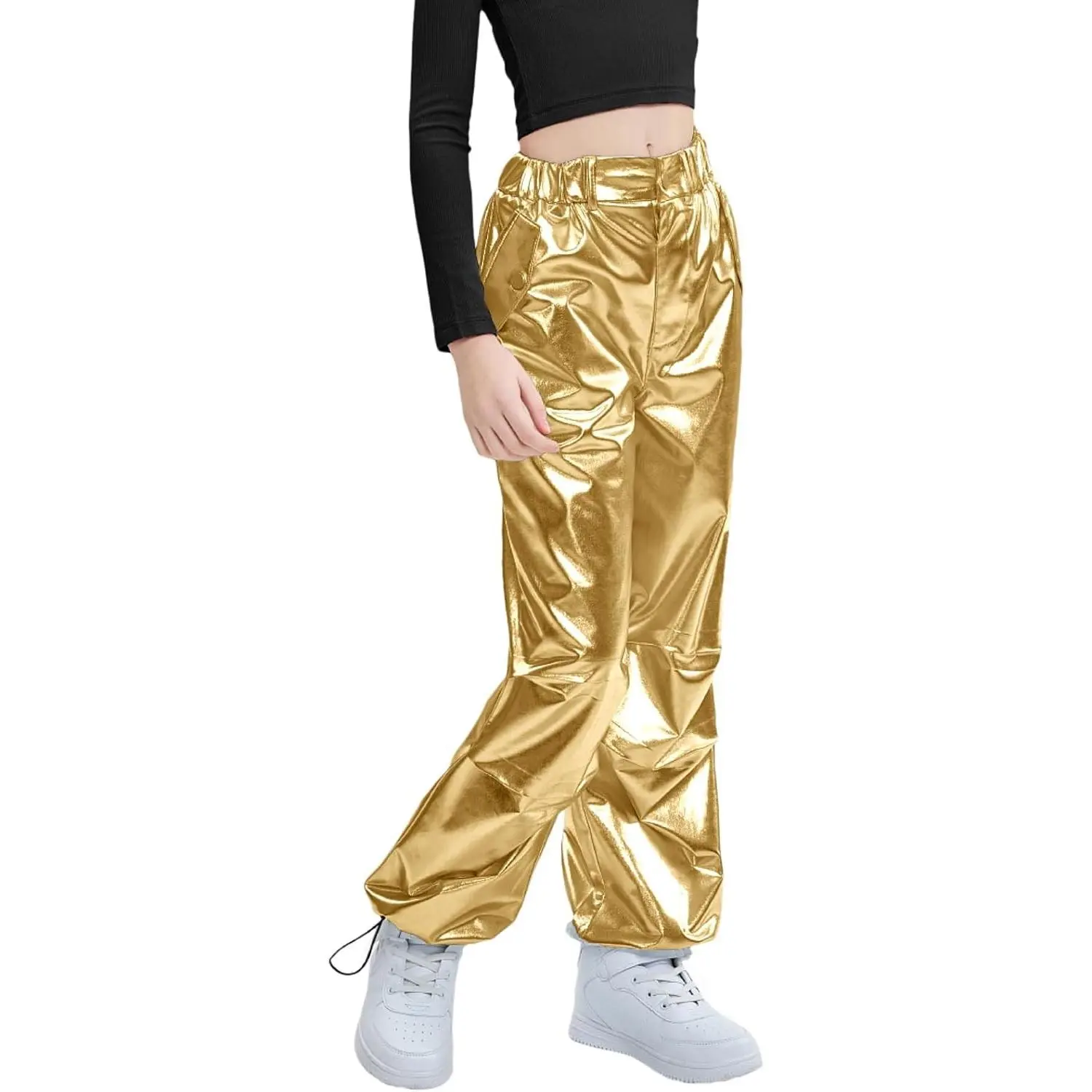 Girls Metallic Cargo Pants Shiny Adjustable Leg Opening Dance Pants | Girls Hip Hop Dance Costumes Stretchy Elastic Waist Baggy Metallic Pants Y2k Disco Dress up Concert Streetwear Parachute Pant