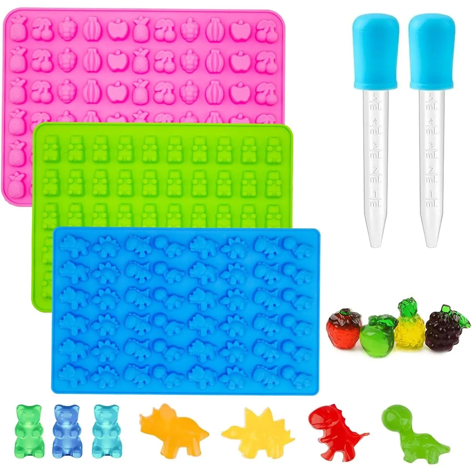 3Pcs Flexible Silicone Mini Gummy Candy Mold Set - Bear/Dinosaur/Fruit Shapes, 2Pcs Dropper, Non-Stick, BPA-Free for Pet Treats, Chocolate, Baking, Kitchen Crafting
