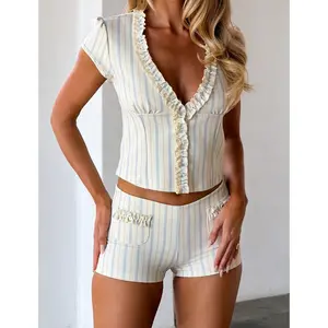 Blue Striped Ruffle Trim Deep V Short Sleeve Shirt and Shorts Set Bodycon 2 Piece Summer Outfits Women's Matching Sets 2026 for Daily Wear