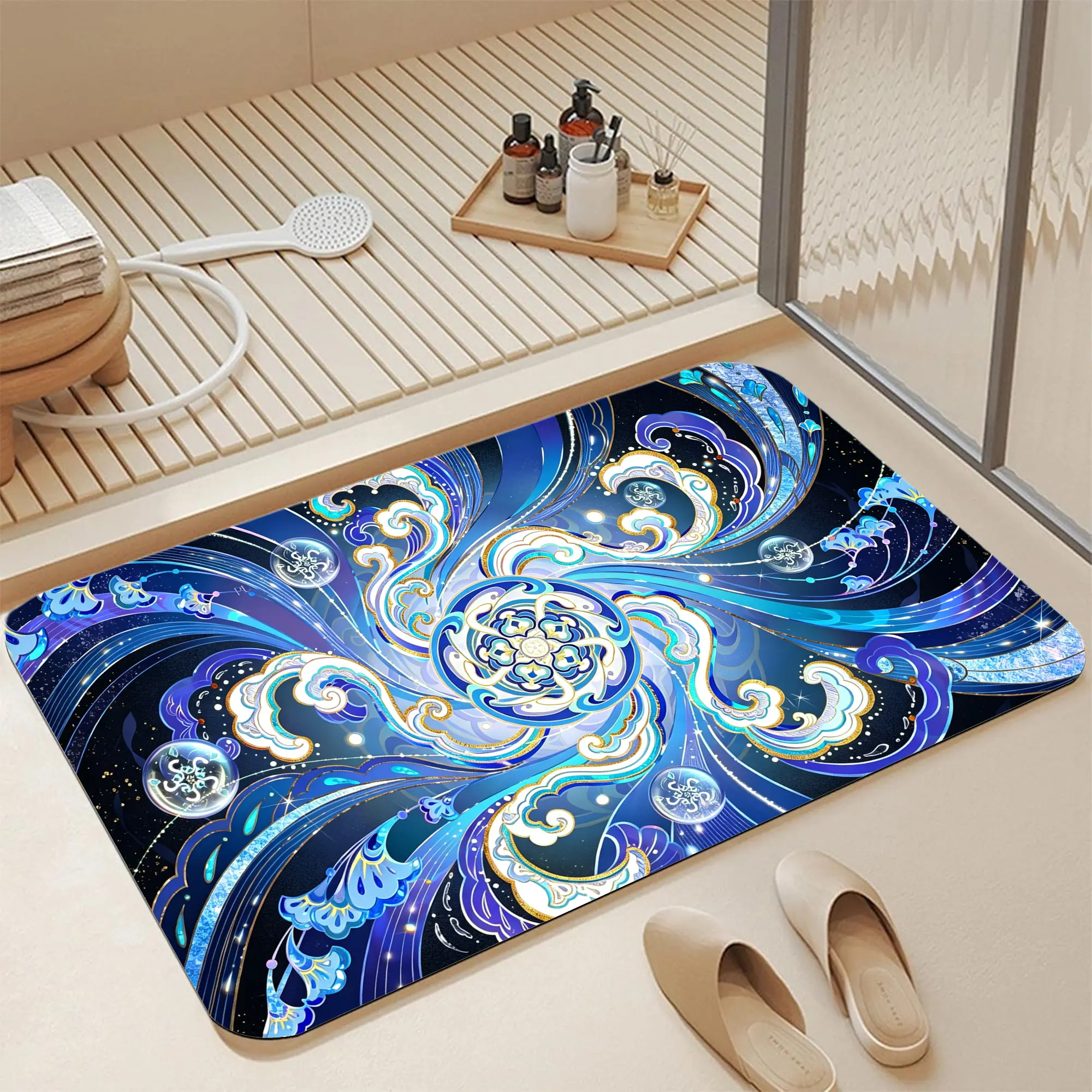 16*24 Inch Gold Trim Blue Chinese Cloud Mandala Diatomite Bath Mat, Fast Absorbent Non-Slip Quick Dry Bathroom Rug, Swirl Wave Bubble Glitter Oriental Floral Ornate Print, Stain Resistant Washable Japandi Wabi-Sabi Boho Mat for Luxe Zen Asian Aesthetic