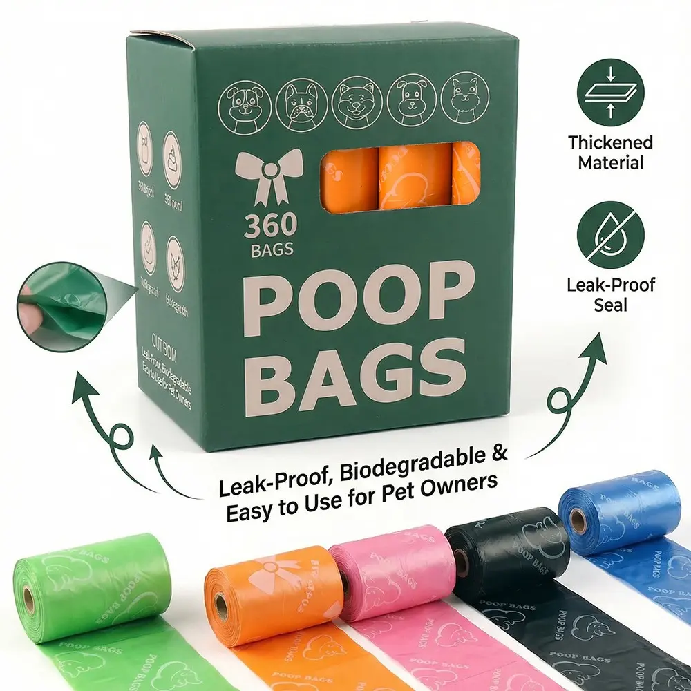 Leak-Proof Thick Dog Poop Bags, Biodegradable Paper Core, Reinforced Print Packaging, Wholesale Pet Waste Bags, Durable Pick-Up Pouches
