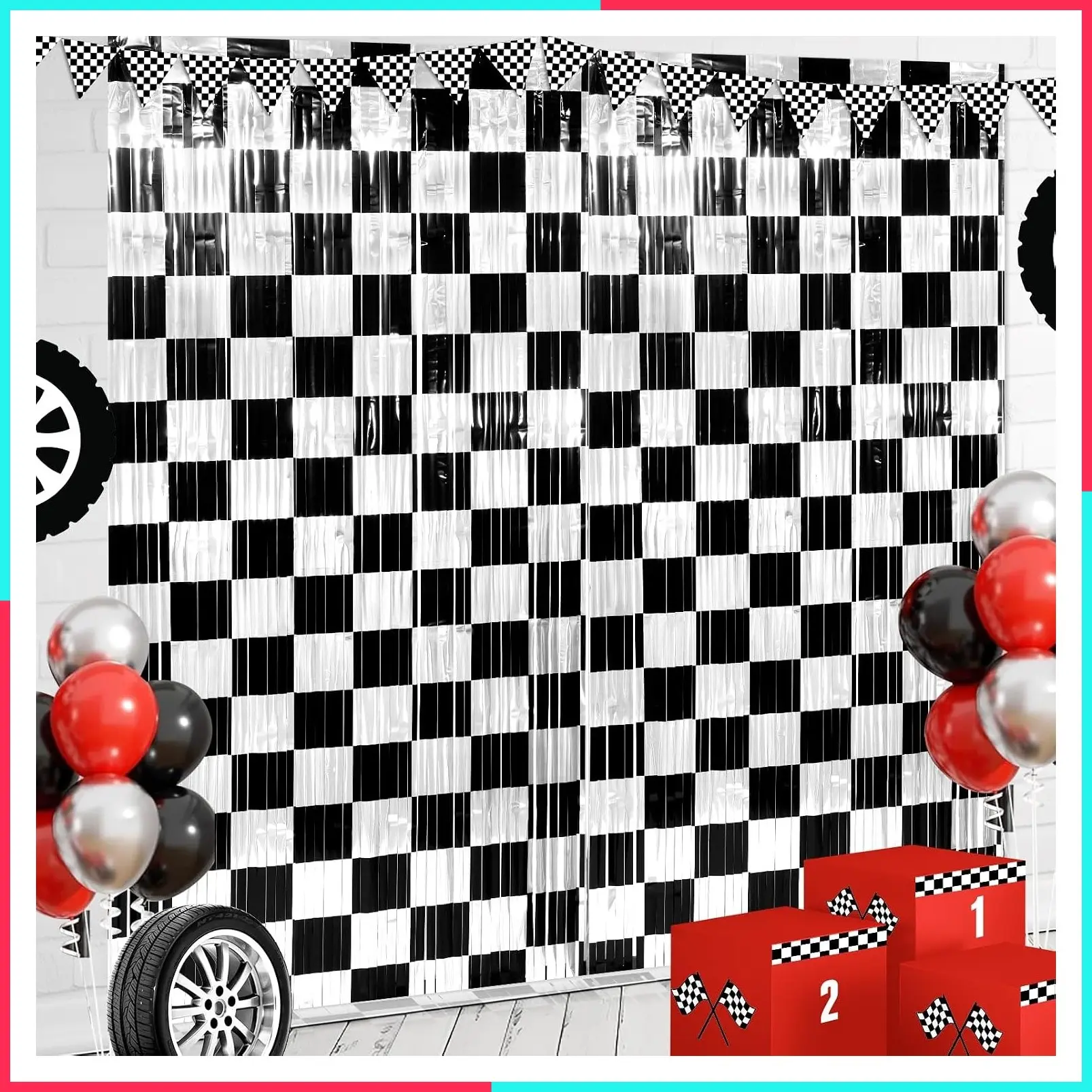 3 Pack 3.3Ft x 6.6Ft Race Car Checkered Foil Fringe Curtain Backdrop Decorations, Black White Metallic Tinsel Foil Streamers Curtain Photo Booth for Race Car One Happy Dude Birthday Party Decorations