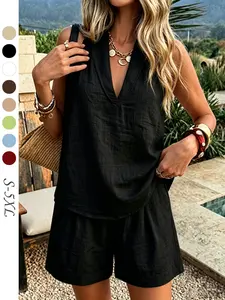 Women's Summer Casual Basic Linen Breathable Two-Piece Set, V-Neck Sleeveless Top with Wide Leg Pants, Loose Fit, Ideal for Daily Wear and Vacation