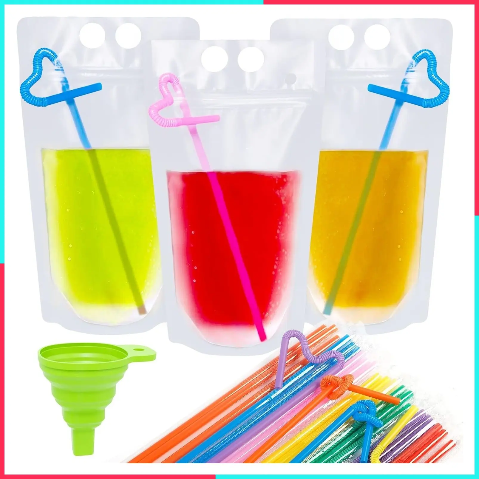 50 Pcs Reusable Reclosable Zipper Drink & Juice Pouches for Adults, Smoothie Bags for Cold & Hot Drinks with 50 Straws & Silicone Funnel
