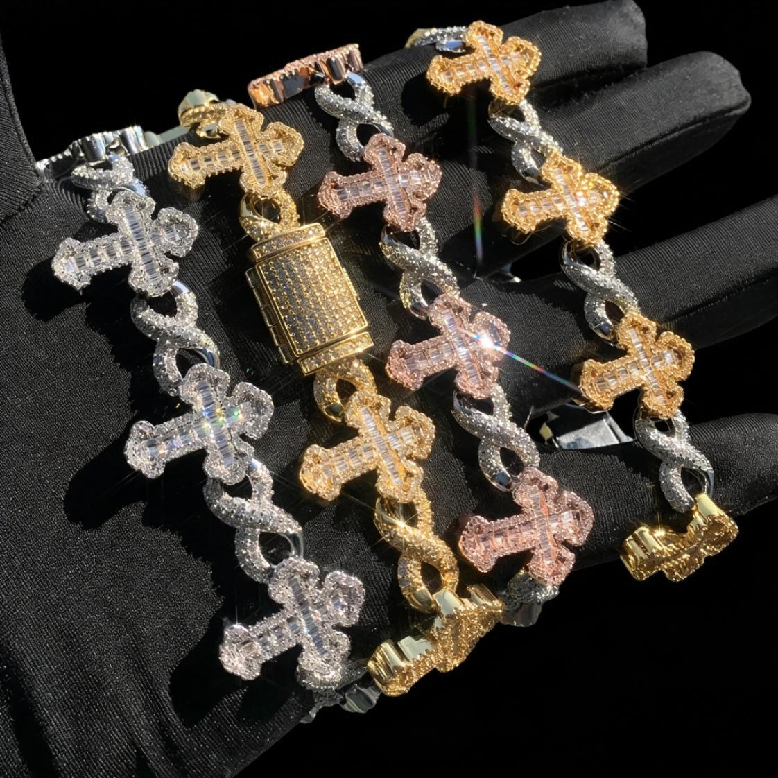 Iced Out Cross Infinity Link Bracelet Moissanite Diamond Hip Hop Jewelry for Men Women, Cuban Chain Micro Pave Bling Bracelet in Gold Silver Rose Gold, Luxury Statement Rapper Style Unisex Wrist Chain Gift for Party Anniversary Birthday