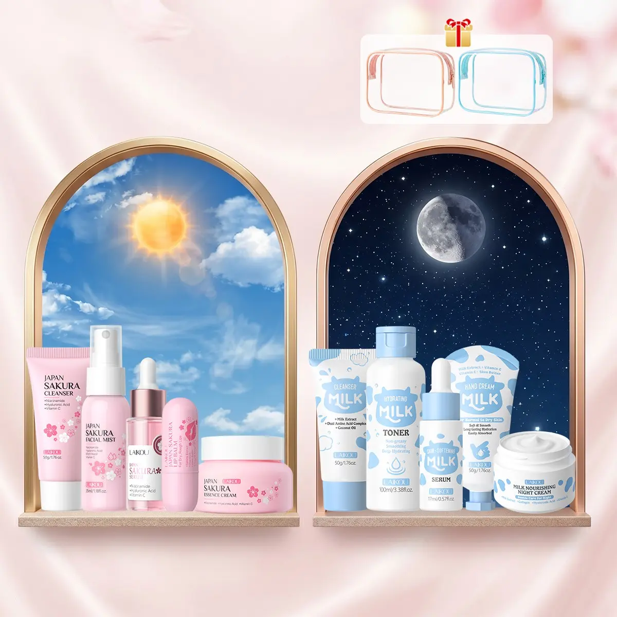 LAIKOU Complete Day & Night Skincare Kit, Beauty Bundle Kit, 12-Piece Sakura and Milk Face Care Routine Set with Transparent Cosmetic Bags, Essential Daily Cleanser, Facial Mist, Serum, Moisturizer & Lip Care Gift Set for and Skincare Beginners