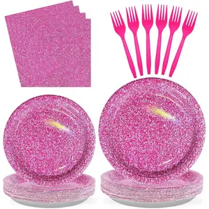 96 Pcs Hot Pink Party Supplies Holographic Print Plates and Napkins Tableware Set Serves 24 for Girls Women Birthday Wedding Bachelorette Bridal Shower Decorations