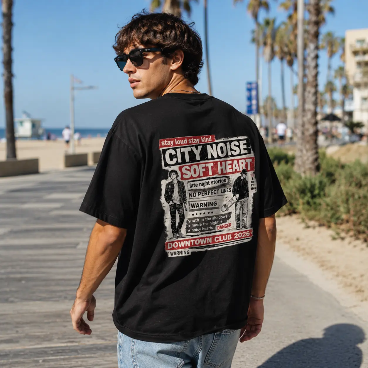 Men's Personalized Round Neck Short-Sleeve Cotton T-Shirt - Soft, Breathable Fabric, Vintage Back City Noise Graphical Print, Machine Washable Stylish Urban Streetwear Casual Top for Everyday Wear