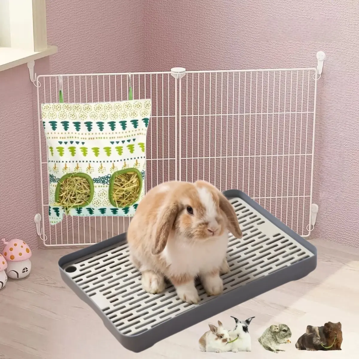 Rabbit Hay Feeder with Litter Box, Fabric Hay Rack for Feeding Rabbits, Guinea Pigs, Chinchillas, Small Animals, Pet Toilet, PP Material