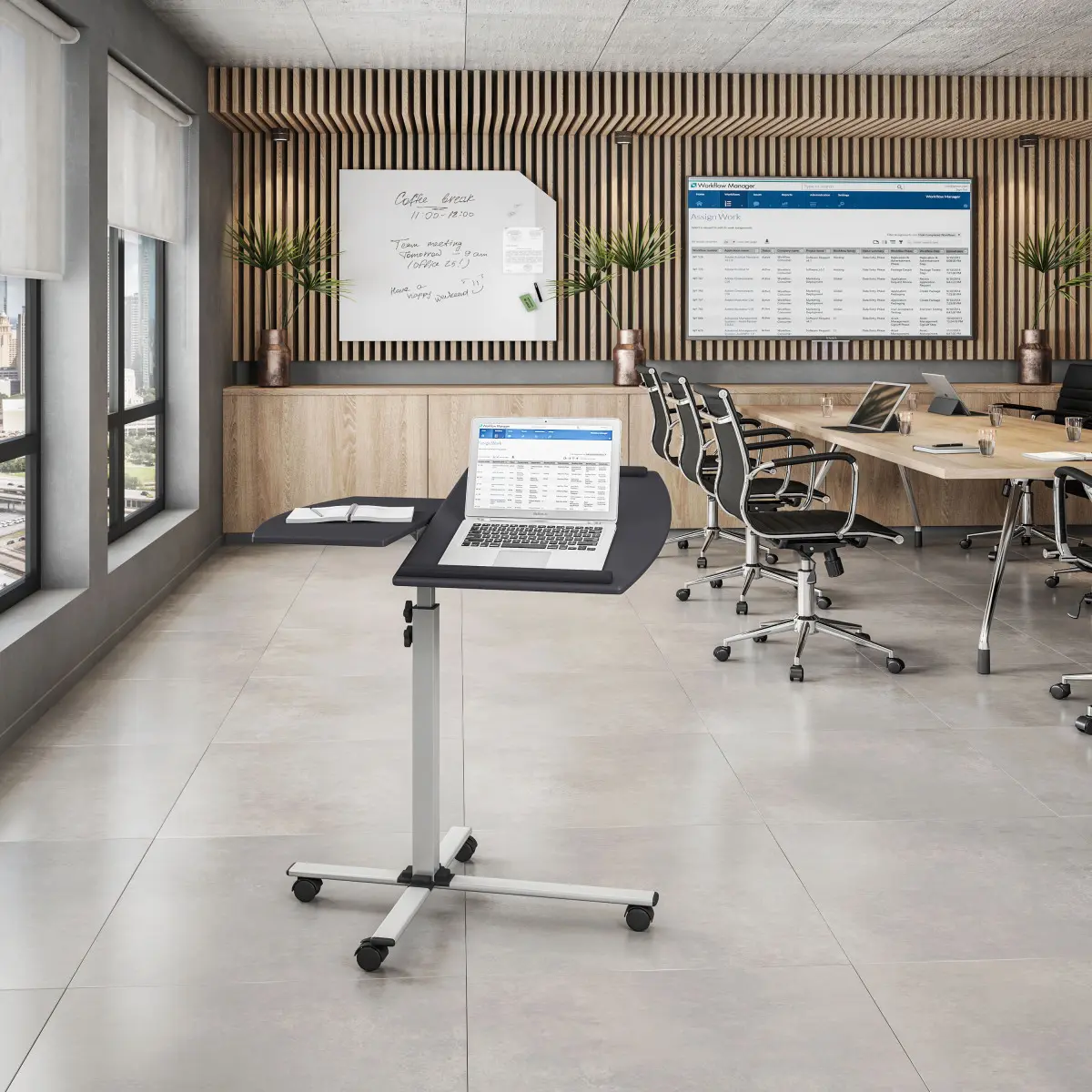Adjustable Height Rolling Laptop Cart - 29.5" to 34.25" Height, 45lbs Capacity, MDF-Steel Construction, Ergonomic Tiltable Stand, Edge Stoppers, Heavy-Duty MDF Wood Panels, Graphite Finish (On-Site Use)