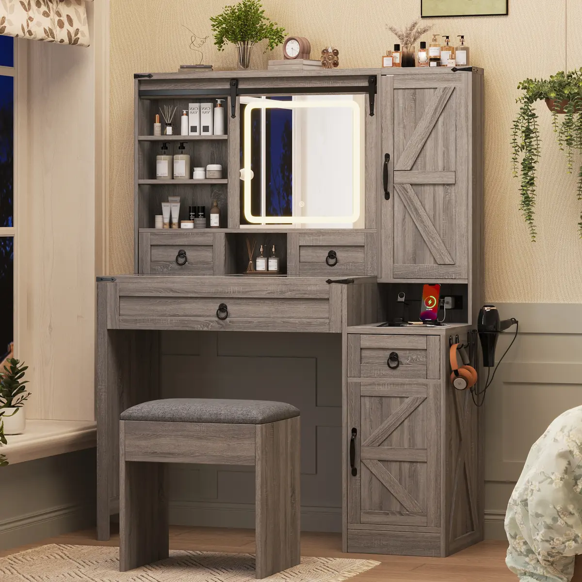 Gray Farmhouse Makeup Vanity Desk Set with Sliding Vanity Mirror, LED Mirror, Glass Top, Charging Station, 4 Drawers, 2 Cabinets, Barn Door, MDF-Glass Build, Stool (Requires Assembly) for Bedroom